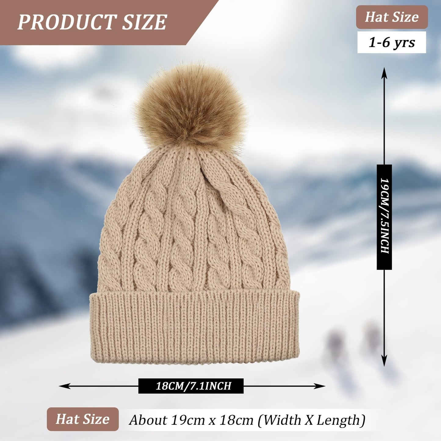 Kids Knitted Woolen Hat 3 Pieces Winter Warm Pom Pom Beanie Cap Knit Hat with Detachable Pom for 1-3 Years Old Girls Boys (Khaki, White, Gray)