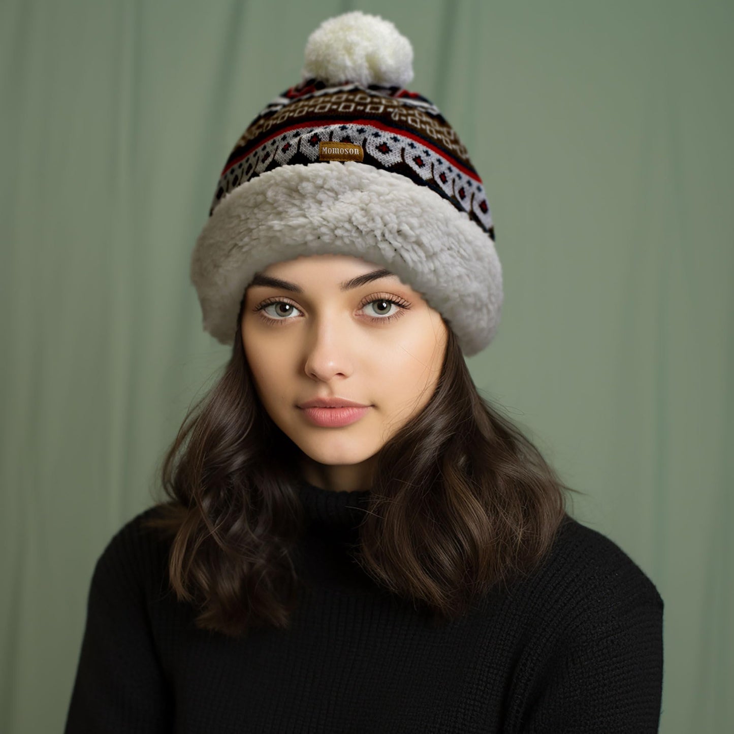 BambooMN Women's Classic Winter Fleeced Thermal Pom Pom Beanie Hat and Mittens Set, Brown Pattern