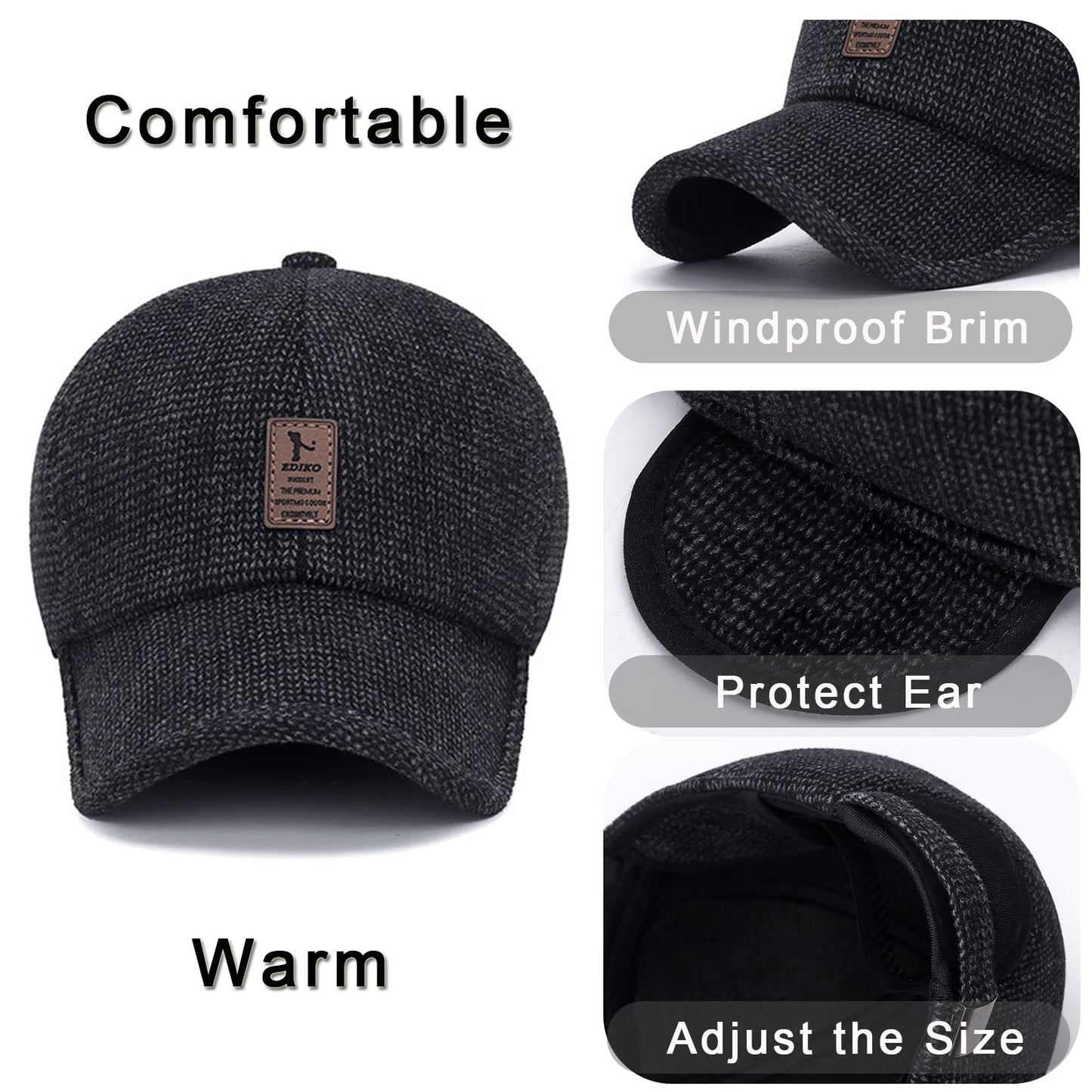 RRiody Winter Baseball Cap for Men, Adjustable Warm Outdoor Sport Golf Cap Hats Dad Caps Earflaps Thicken 55-60CM Black