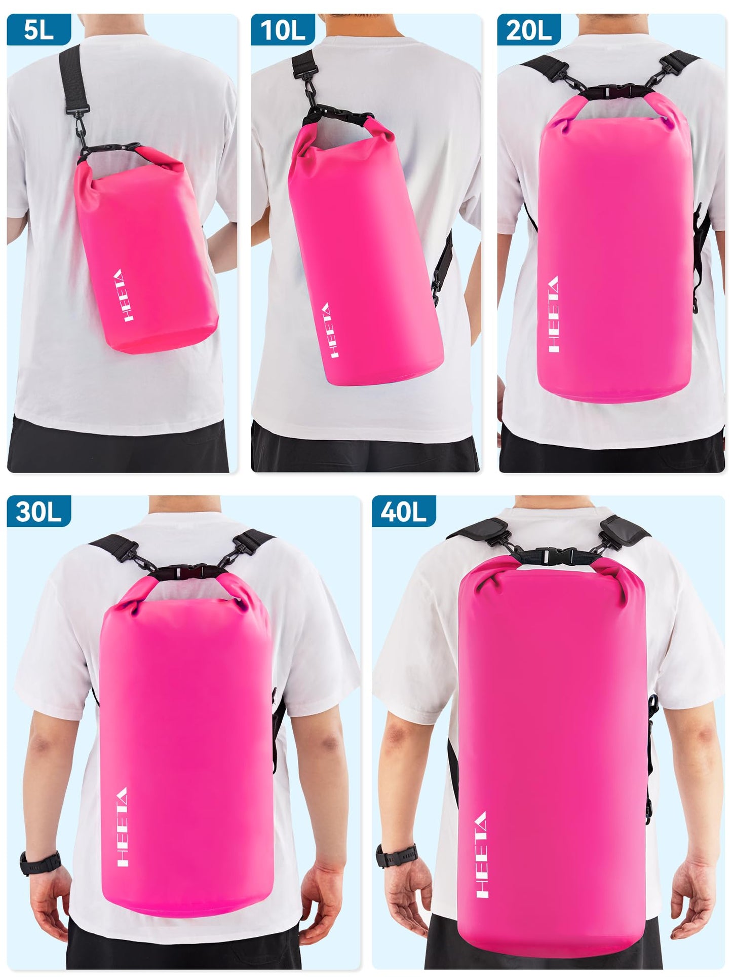 HEETA Waterproof Dry Bag for Women Men (Upgraded Version), Roll Top Lightweight Dry Storage Bag Backpack with Emergency Whistle for Travel, Swimming, Boating, Kayaking, Camping, Beach (Rose Red, 5L)