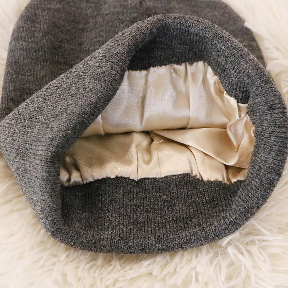 Facecozy 2 Pack Satin Lined Beanie Hats for Women Soft and Warm Winter Hats for Women Men Slouchy Beanie Hat(Black&Grey)