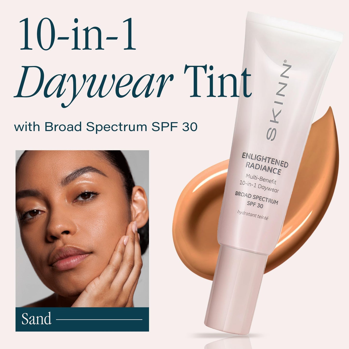 SKINN Enlightened Radiance 10-in-1 Tinted Sunscreen Broad Spectrum with SPF 30, (Sand) - Hydrating & Brightening Tinted Moisturizer for Face, Wrinkles & Fine Line - Lightweight Coverage Skin Tint