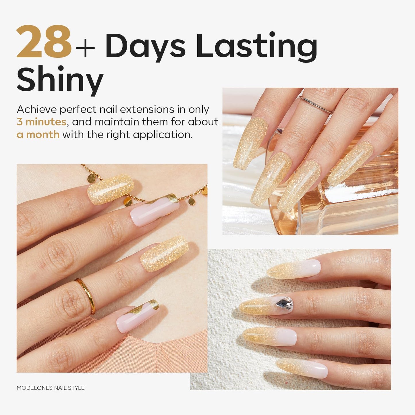 modelones Poly Nail Gel Kit, Hema-Free 60ML Sparkling Gold Gel Nail Enhancement Thickening Diamond Glossy Builder Overlays Home DIY Salon Use