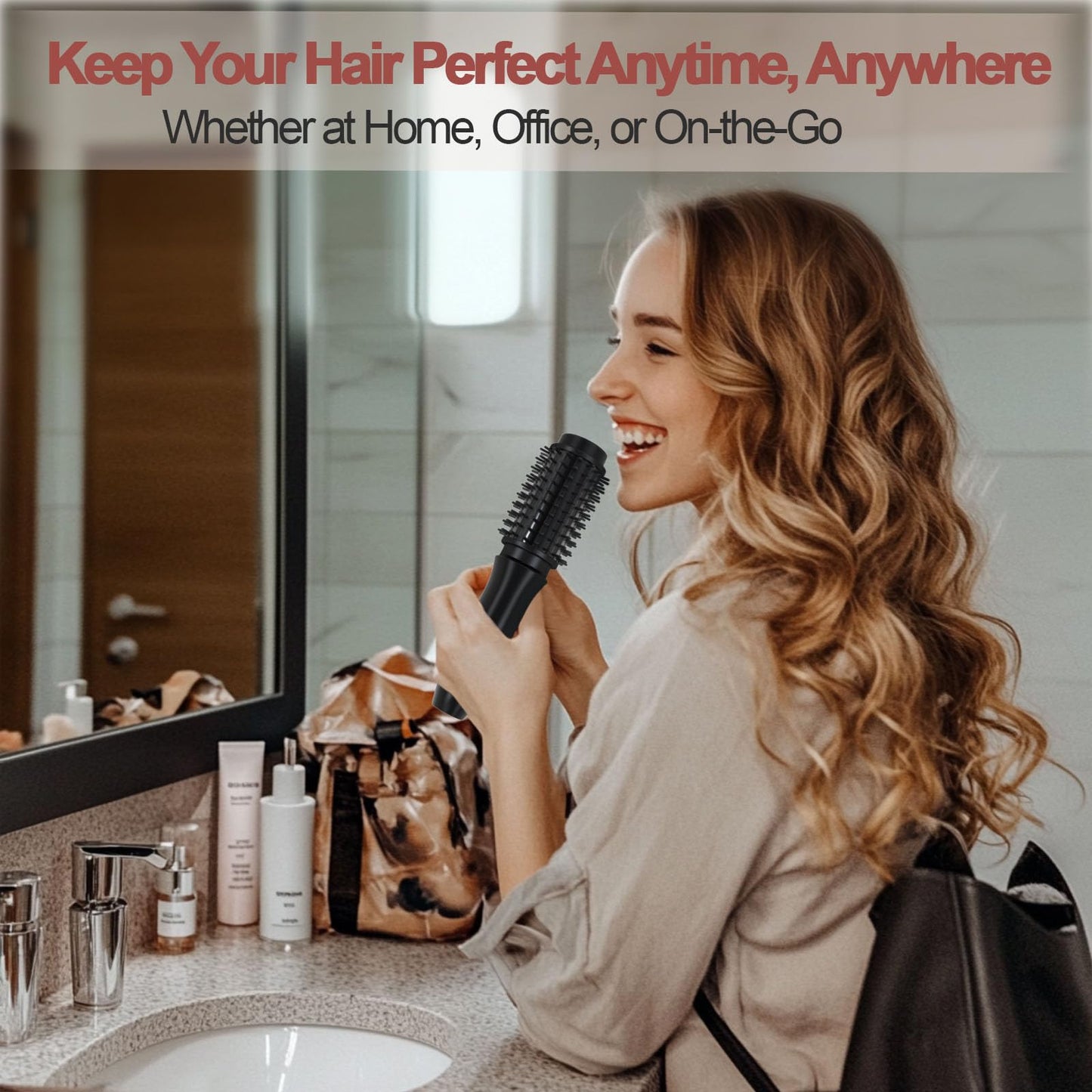 Youbella Cordless Hair Curling Iron Brush, Mini Travel Hot Straightener Comb, 3-in-1 Portable Wave Curling Wand, 1.5″ Ionic Heated Brush, USB Rechargeable Hair Curler, Pink