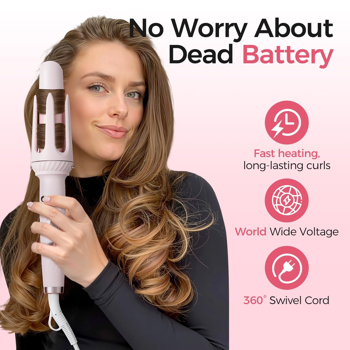 Wollea Automatic Curling Iron, Beach Wave Curling Wand, Portable Rotating Curler, Dual Voltage, Lightweight and Portable, Ceramic Coated, Straightening Brush, 1inch and 1.25 inch 3-in-1, Pink