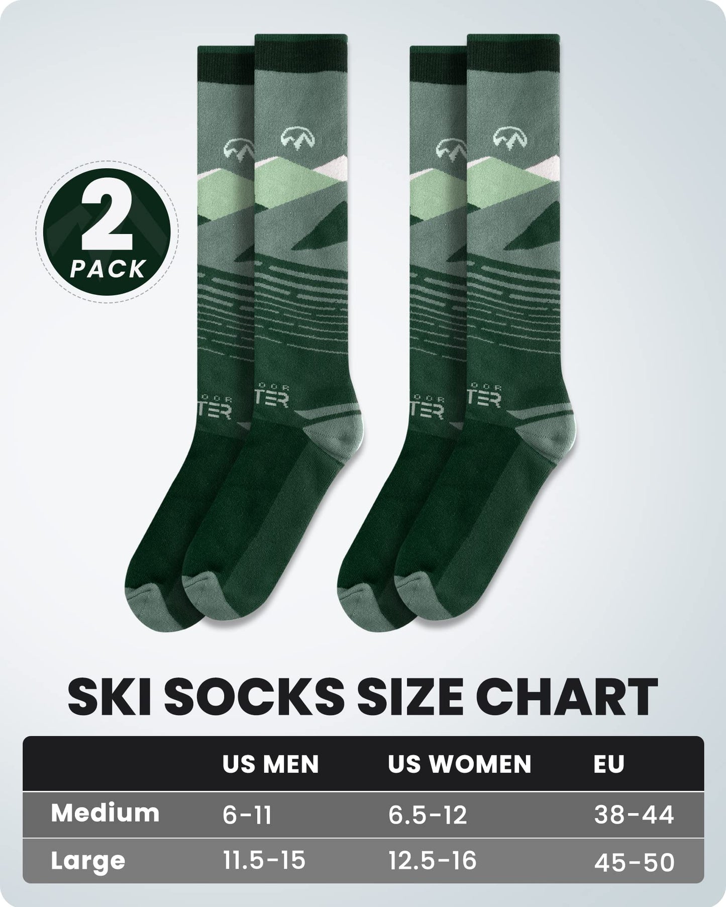 OutdoorMaster Ski Socks, 2-Pair Pack Skiing and Snowboarding Thermal Socks for Men with Non-Slip Cuff Design, Geometric Patterns - Army Green, Medium
