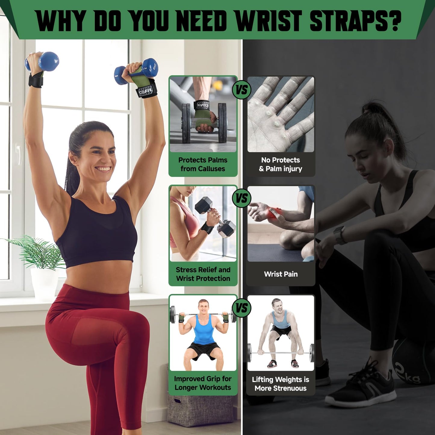 COFIT Wrist Straps for Weightlifting, Workout Wrist Wraps with Dual-Layer Oxford Leather, Enhanced Grip for Optimal Hand and Wrist Protection, Gym Lifting Straps for Deadlift and Powerlifting - Green
