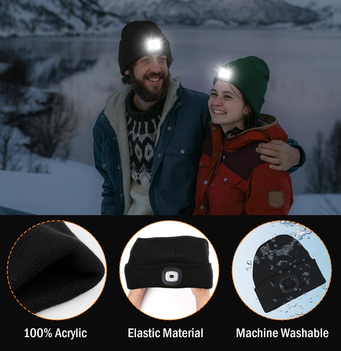 Hatlight for Men Unisex LED Beanie with Two Lamps Hands Free Knit Headlamp Hat with Light Winter hat