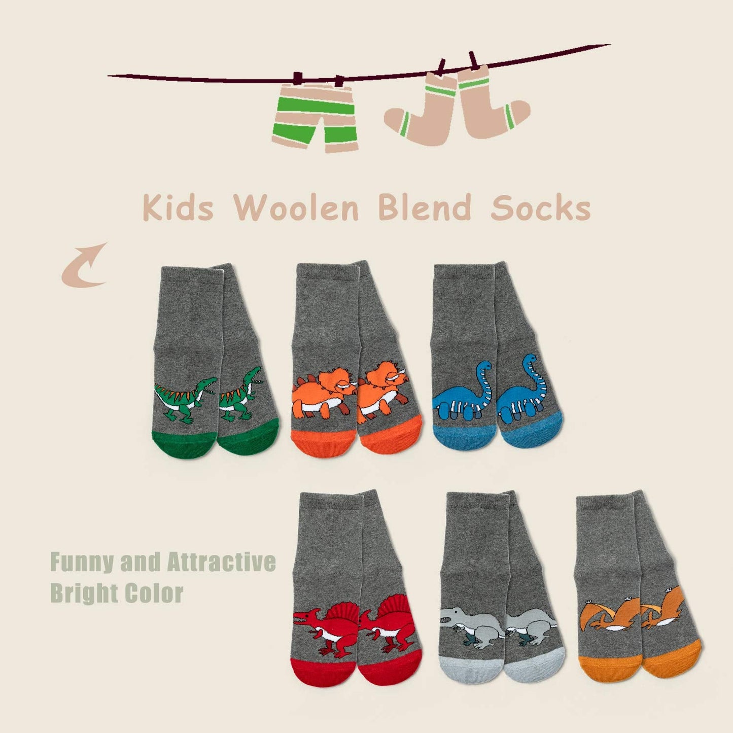 HowJoJo Boys Wool Socks Kids Winter Warm Socks Dinosaur Crew Socks 6 Pack 6-8 Years