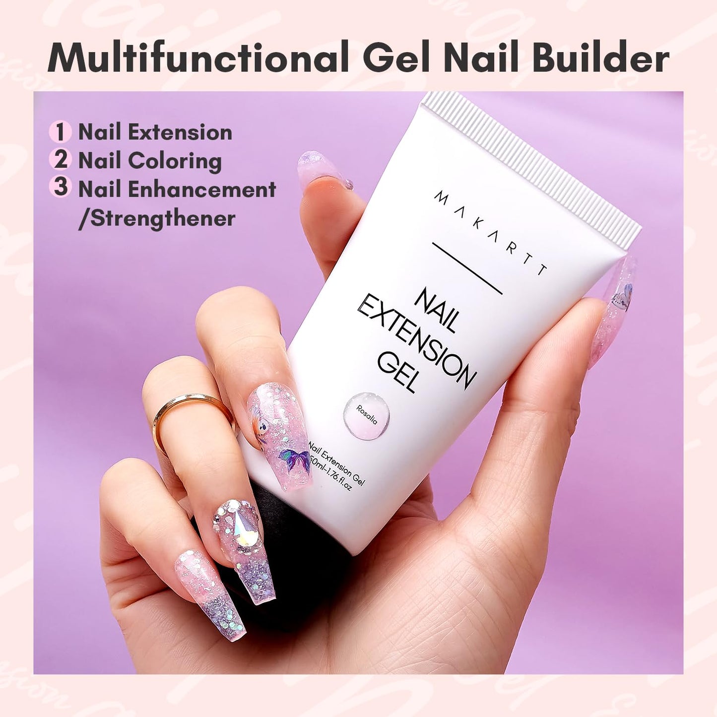 Makartt Poly Nail Gel: 50ML Glitter Pink, Strong Builder for Extension Overlay Strengthener 3D Diy, Multifunctional, Long-lasting for Nails Manicures Home Salon-Rosalia