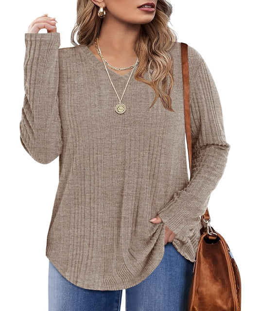 Rapbin Plus Size Long Sleeve Tops for Women Knitted V Neck Sweaters for Women Lightweight Sweatshirt Winter Khaki XXL
