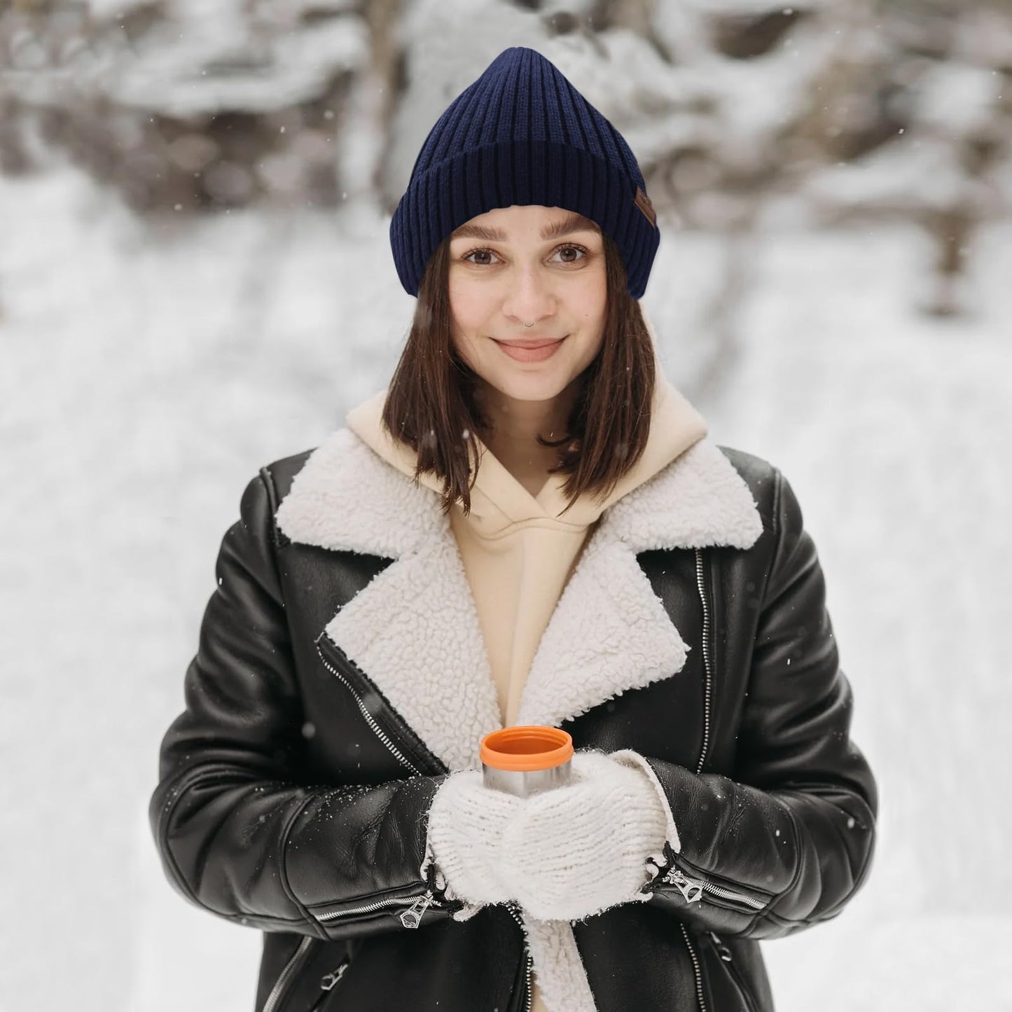 Oversize XXL Winter Beanie Hat for Men Women, Wool Warm Knit Hats Ski Cap Unisex Fashion Knit Cuffed Cap for Big Heads Navy Blue