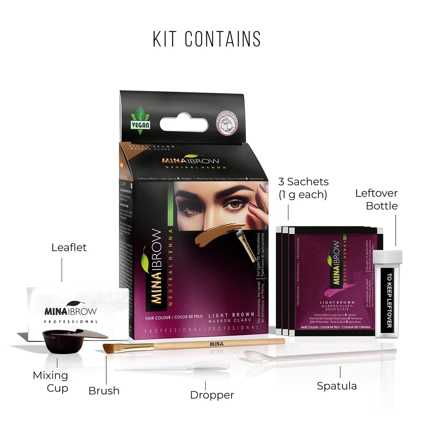 MinaiBrow Instant Hair Dye Kit Light Brown | Natural Spot Coloring Tinting Powder, Water & Smudge Proof | 100% Grey Coverage Upto 30 Applications