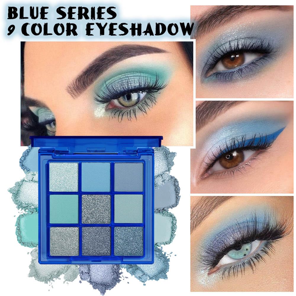evpct 9 Colors Dark Light Royal Cobalt Blue Pearl White Glitter Shimmer Eye Shadow Makeup Palette Highly Pigmented Waterproof Blue Matte Metallic Shimmery Daily Party Sparkling Eyeshadow Palett