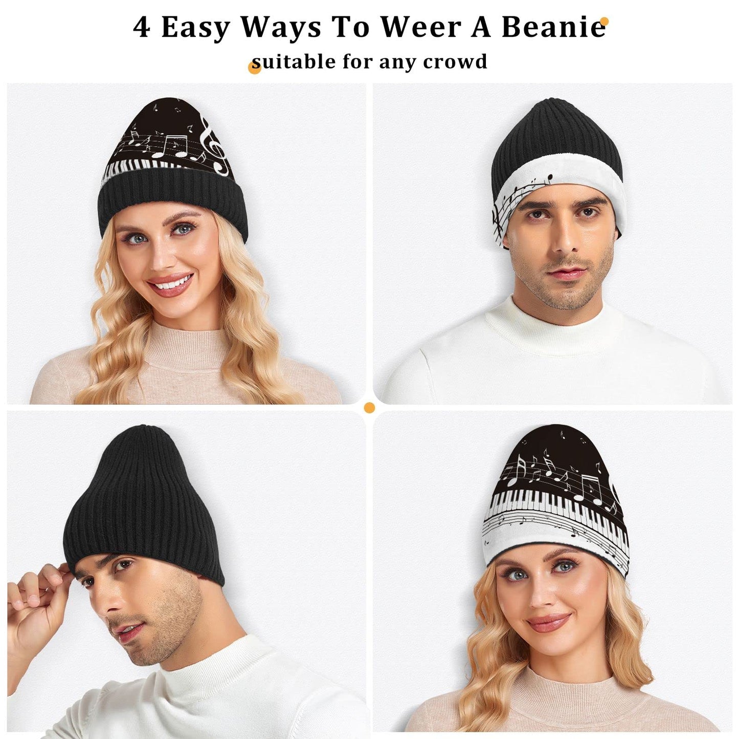 OTVEE Cuffed Knit Beanie Hat for Women Men Soft Warm Winter Hat Cap Piano Keys Musical Notes Skull Cap Slouchy Beanie