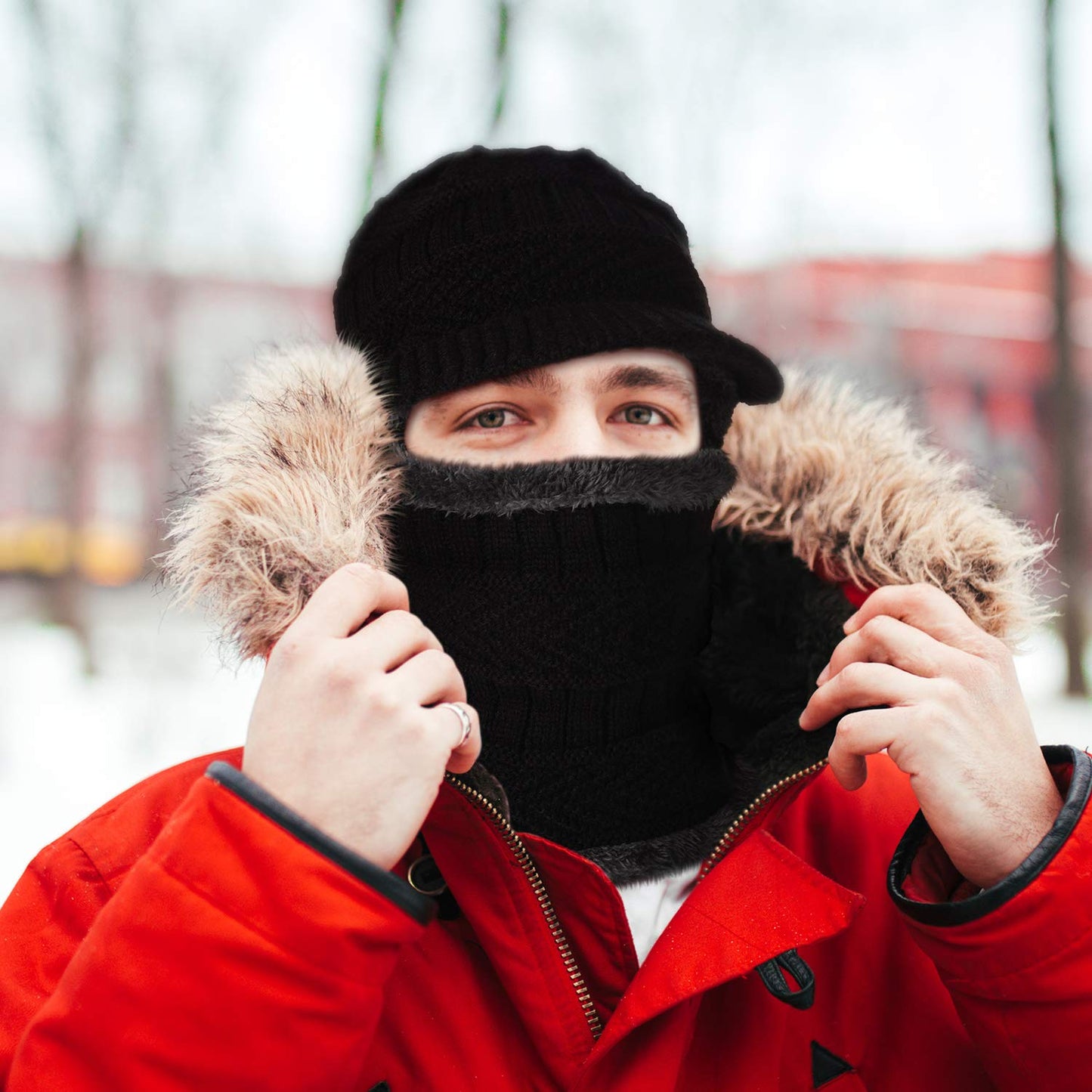 Syhood Knitted Balaclava Beanie Hat Winter Neck Warmer Ski Face Cover Neck Gaiter (Black, Grey,2 Pieces)