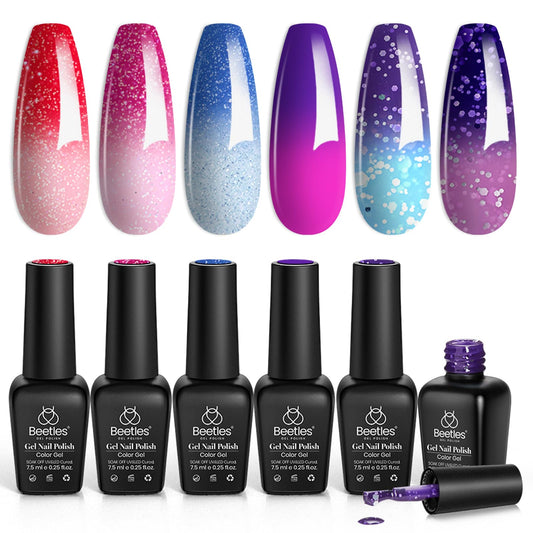 Beetles Color Changing Gel Nail Polish Kit, 6 Colors Pink Red Glitter Blue Purple Temperature Change Gel Polish Soak Off Uv Led Nails Gel