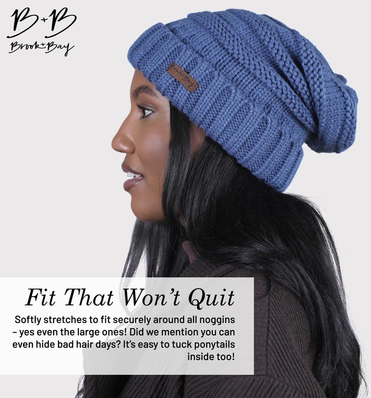 Tough Headwear Brook + Bay Slouchy Beanie, Women's Winter Hats for Cold Weather, Oversized Knitted Hats Denim Blue