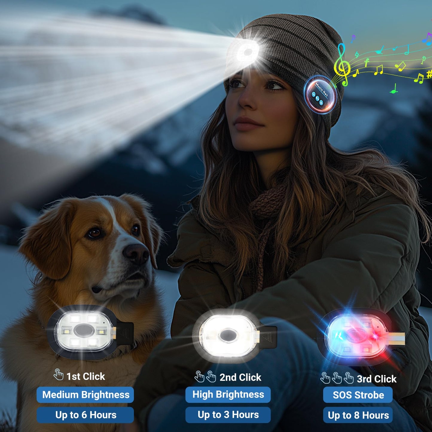 Rotibox Bluetooth Beanie with Light, Hat Wireless Headphone for Outdoor Sports Xmas Gifts Stocking Stuffers for Men, Women, Teens-Black/Gray