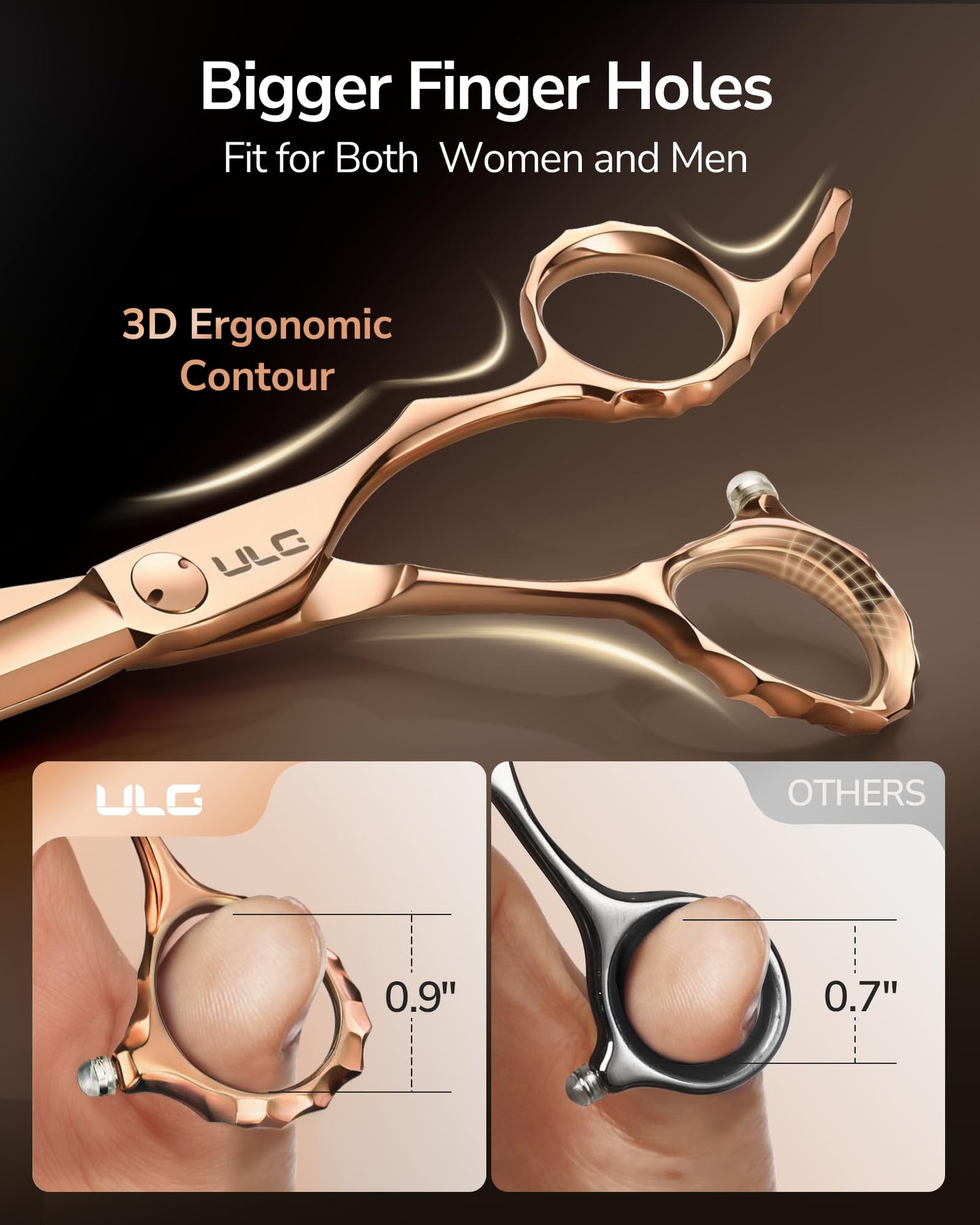ULG Professional Seamless Hair Thinning Scissors Luxury 18K Rose Gold Coated 6.5" Barber Scissors 440C Japanese Stainless Steel Hand-Honed Convex Blades Offset Handles Tension Adjustable, Right-Handed