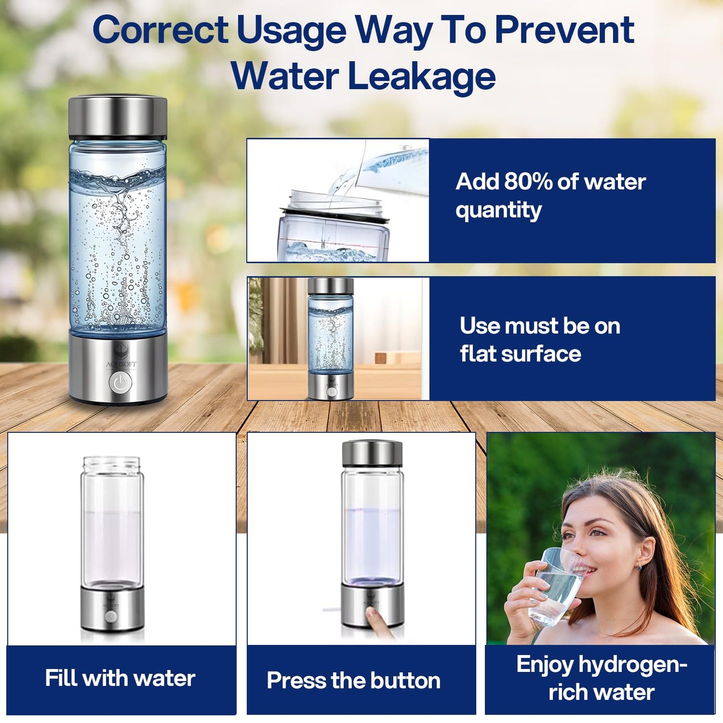 AQUSOFT Portable Alkaline Hydrogen Water Bottle with SPE PEM Technology | Type-C USB Rechargeable 1600 PPB Hydrogen Rich Water in 3 Minutes | Borosilicate Glass Water Cup | 2-in-1 Usage Modes | 420ml