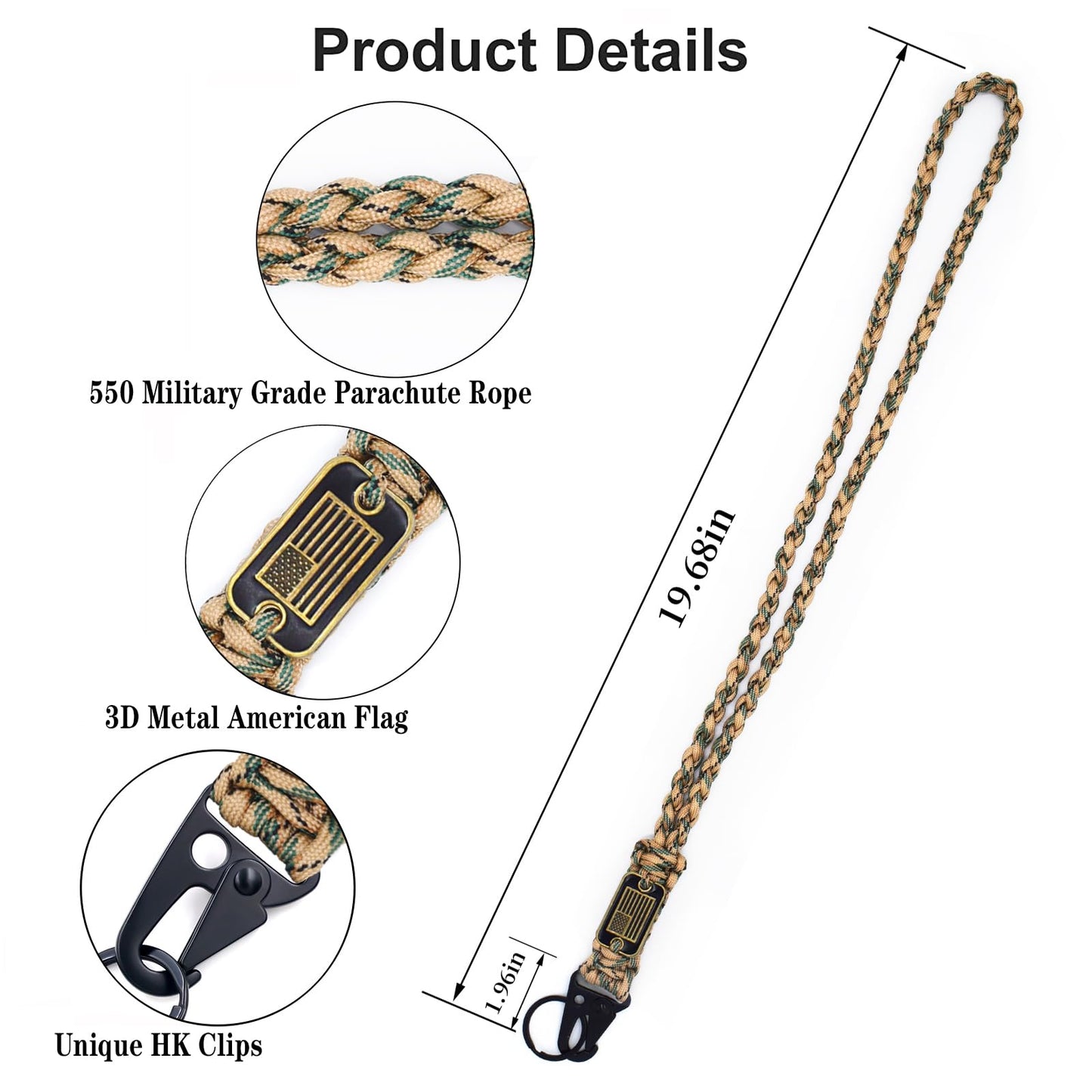 Tragdro 2 Pcs Heavy Duty Braided Paracord Lanyard Keychain with USA Flag, Parachute Rope Necklace Keychains, Braided Strong Lanyard for Outdoor Activities, Camera, Keys, Whistle, Traveling