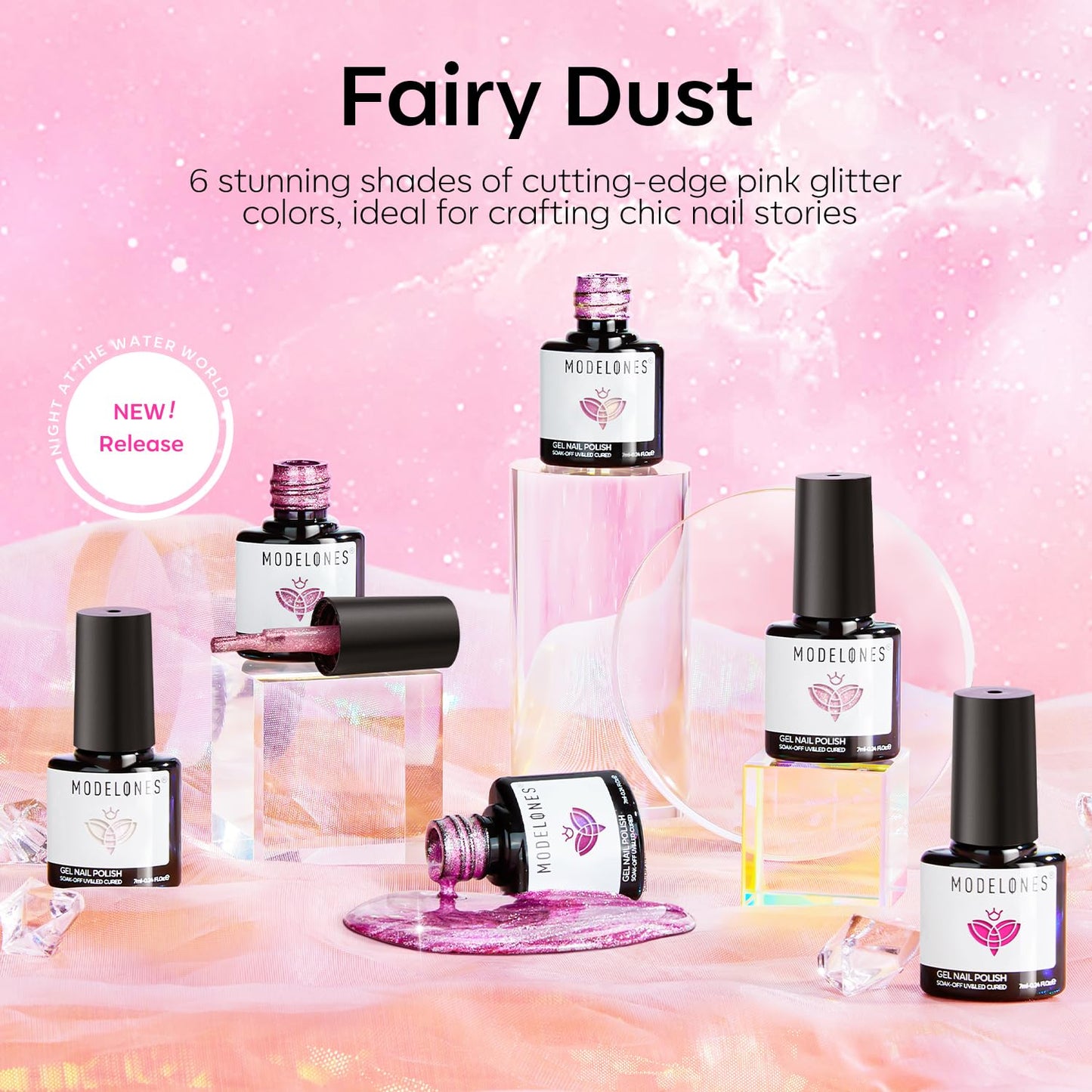 modelones Pink Glitter Gel Nail Polish Set, 6 Colors Hot Pink Tones Sparkle Pink Shades Shimmer Cat Eye for Women Girl Nail Lovers Gift Salon DIY Nail Art Gel Nail Kit