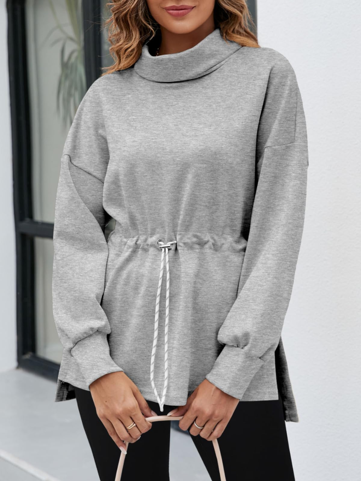 Doshoop Women's Turtleneck Sweatshirts Long Sleeve Pullover Tops Side Slit Tunic Shirts with Drawstring Waist Grey