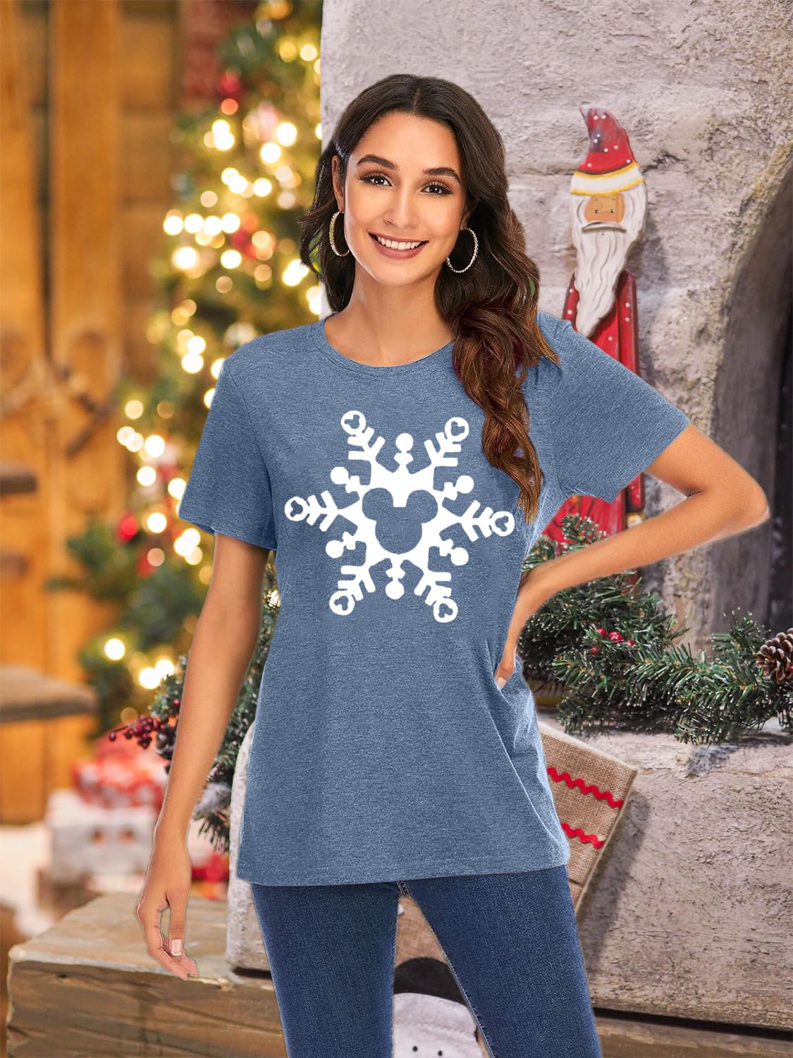 Magic Christmas Shirts for Women Cute Snowflake Graphic Tees Winter Letter Print Short Sleeve Xmas Tops-M (Ink Blue)