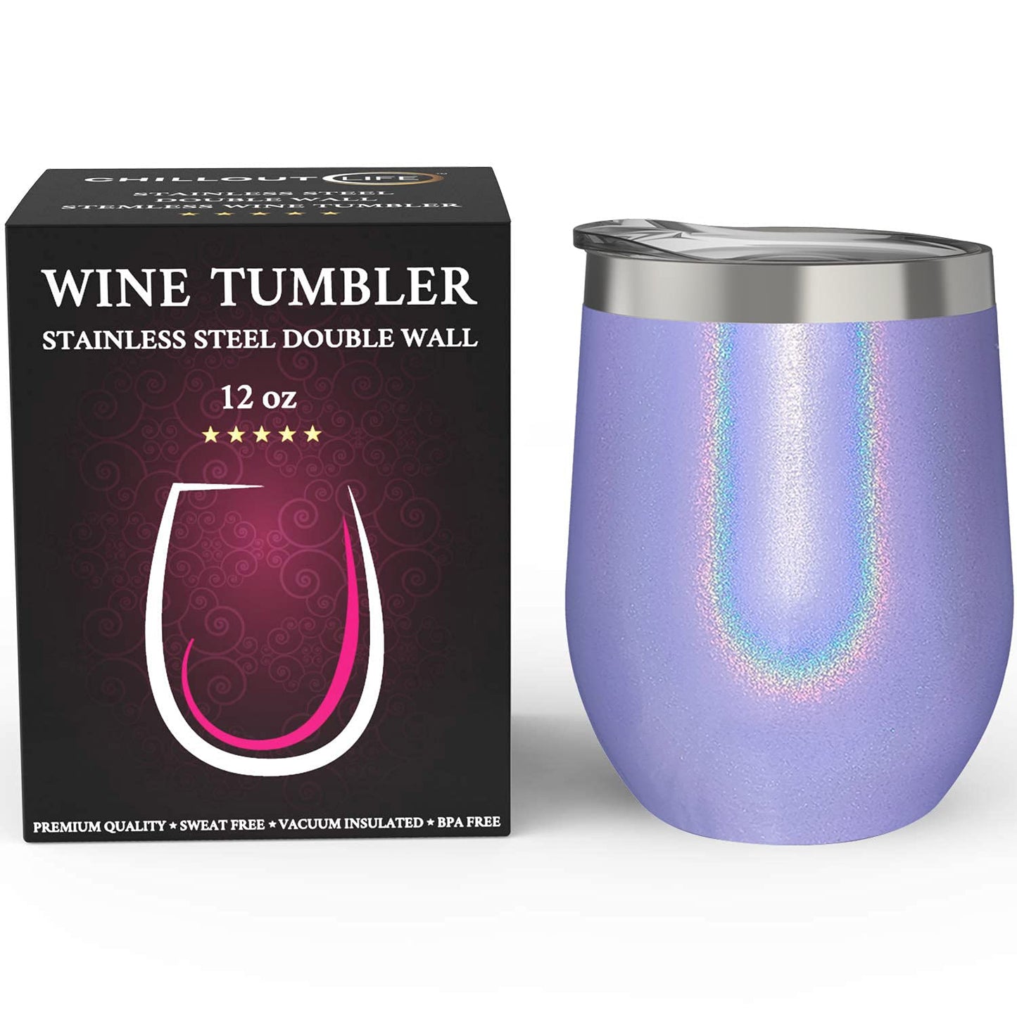 CHILLOUT LIFE 12 oz Stainless Steel Tumbler with Lid - Wine Tumbler Double Wall Vacuum Insulated Travel Tumbler Cup for Coffee, Wine, Cocktails, Ice Cream - Purple Sparkle