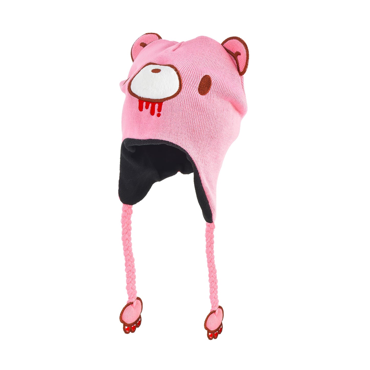 Gloomy Bear Beanie Hat, Peruvian Winter Knit Cap with 3D Ears and Tassels, Pink, One Size