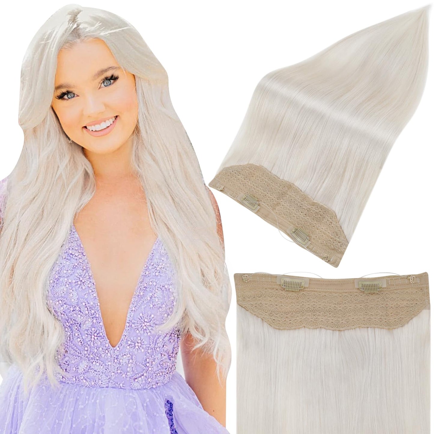 Fshine Invisible Wire Human Hair Extensions Off White Hidden Wire Hairpiece 16 Inch Adjustable Fishing Line Hair Extensions Clip Ins 100G