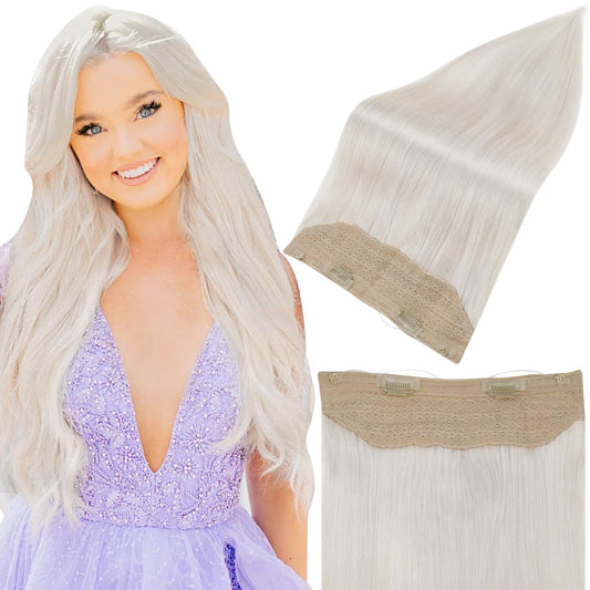 Fshine Invisible Wire Human Hair Extensions Off White Hidden Wire Hairpiece 16 Inch Adjustable Fishing Line Hair Extensions Clip Ins 100G