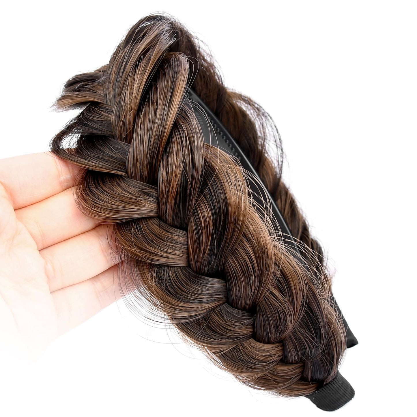 DIGUAN Wide Messy Braided Headband With Teeth Synthetic Hair Plaited Headband High Elasticity Braids Chunky Fishtail Braided Hair Band Hairpiece for Girls Women Beauty Accessory (Copper Brown)