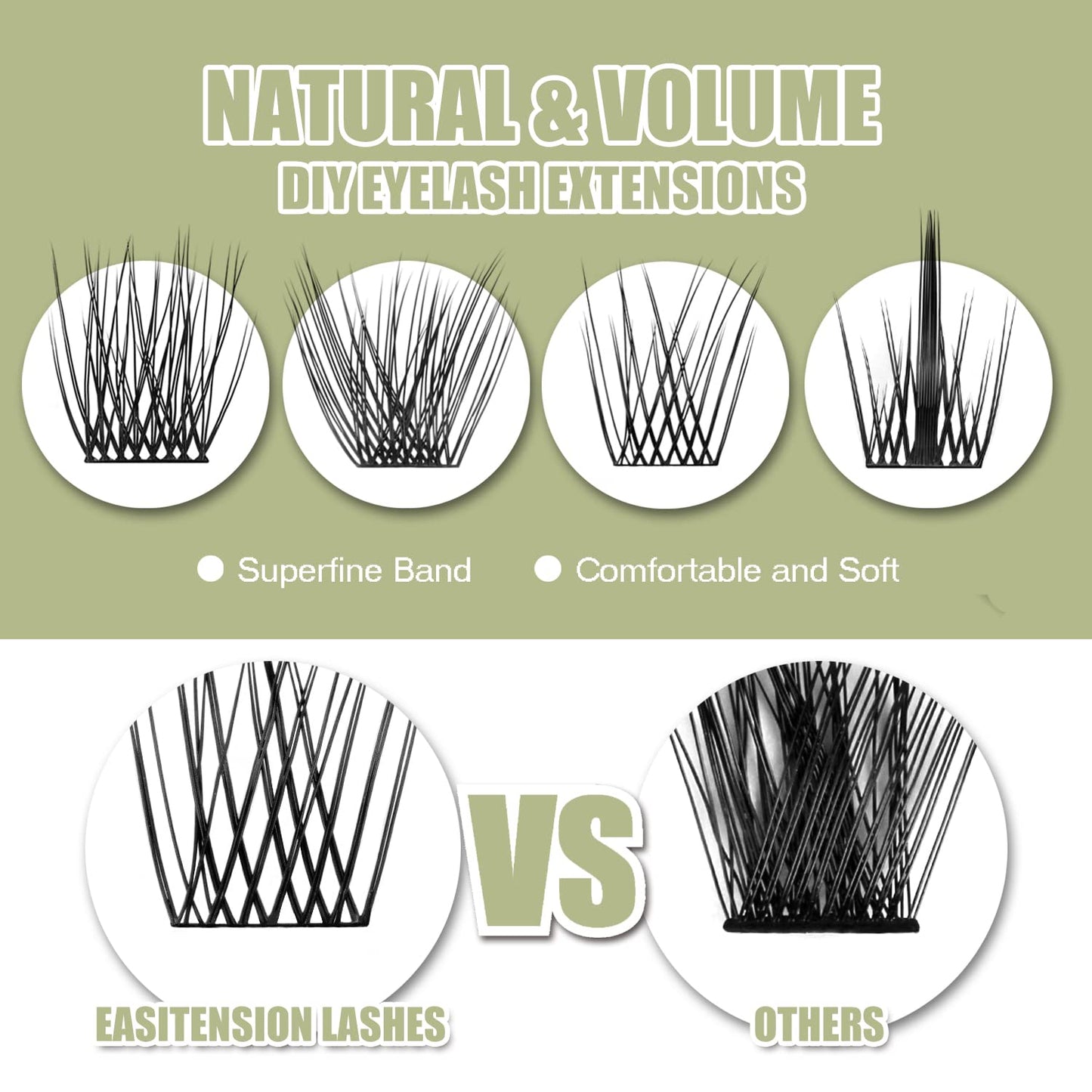 DIY Eyelash Extension, 3D Effect Glue Bonded Band Individual Lash 48 Clusters Volume Lashes Set, Home Eyelash Extension, C curl Lashes Pack 14MM-Natural-48 Clusters