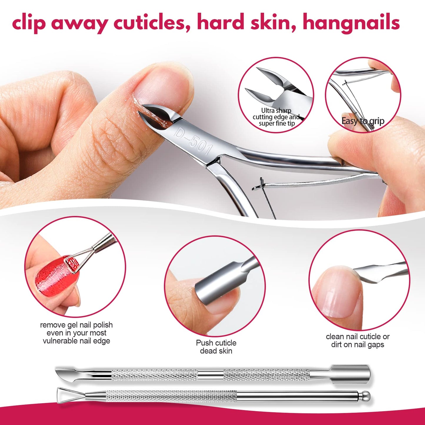 FANDAMEI Nail Care Kit, Cuticle Remover with File, Buffer, Block, Nipper, Pusher & Peeler. Pomegranate Cuticle Oil