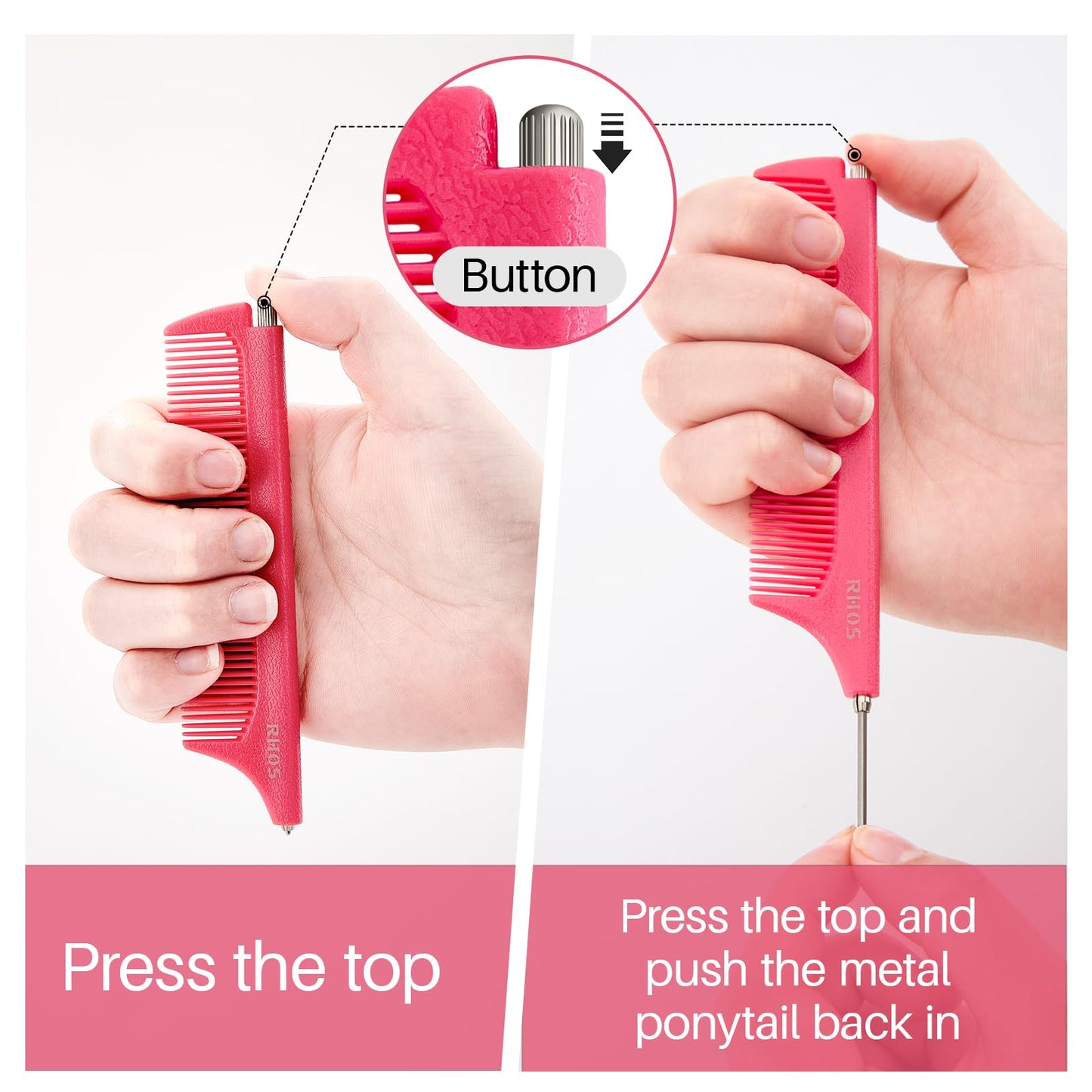 RHOS Retractable Fine Tooth Comb for Hair Parting, Styling, Cutting and Braiding - Carbon and Stainless Steel Pin Tail Comb (Pink)
