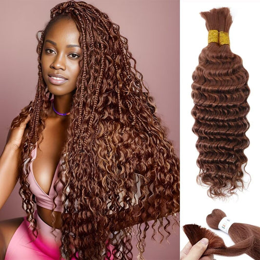 Brown Braiding Hair 100g 24 Inch Color 30 Braiding Hair Deep Wave Human Hair Braiding Hair Water Wave Bulk Human Hair for Braiding 100% 12A Brazilian Auburn Brown Human Bariding Hair for Boho Braids
