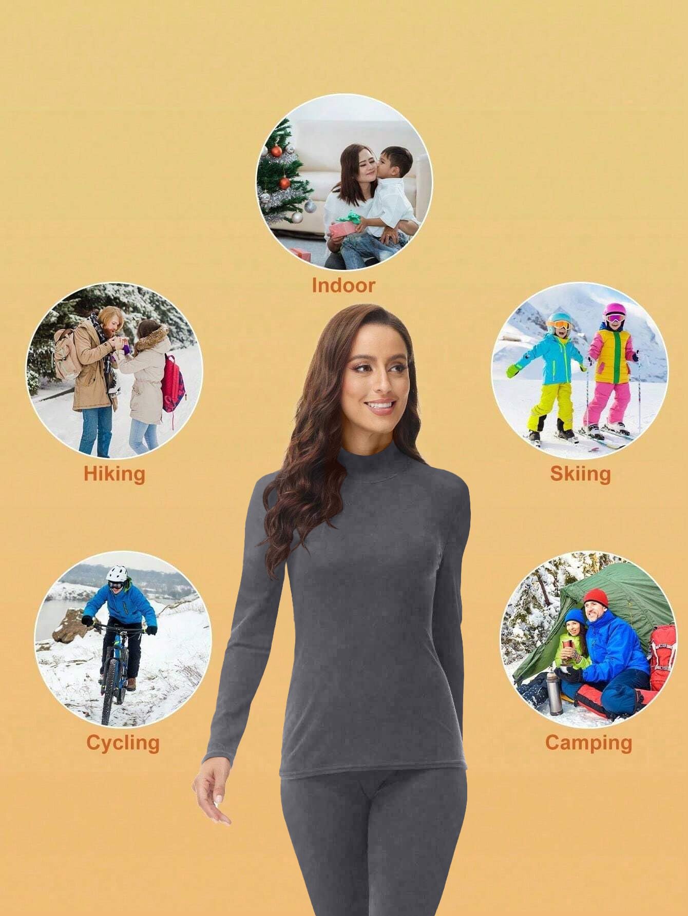 VPESL Womens Mock Neck Thermal Underwear Winter Long Johns with Fleece Lined Long Sleeves Base Layer Set Top Bottom Gray