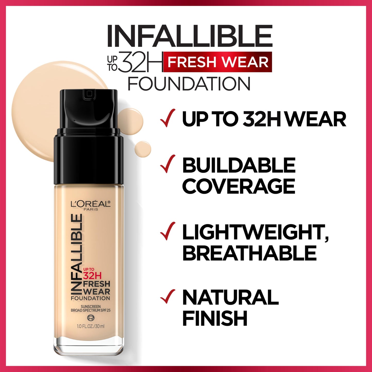 L'Oreal Paris Makeup Infallible Up to 32 Hour Fresh Wear Lightweight Foundation, 390 Rose Pearl, 1 Fl Oz, Packaging May Vary