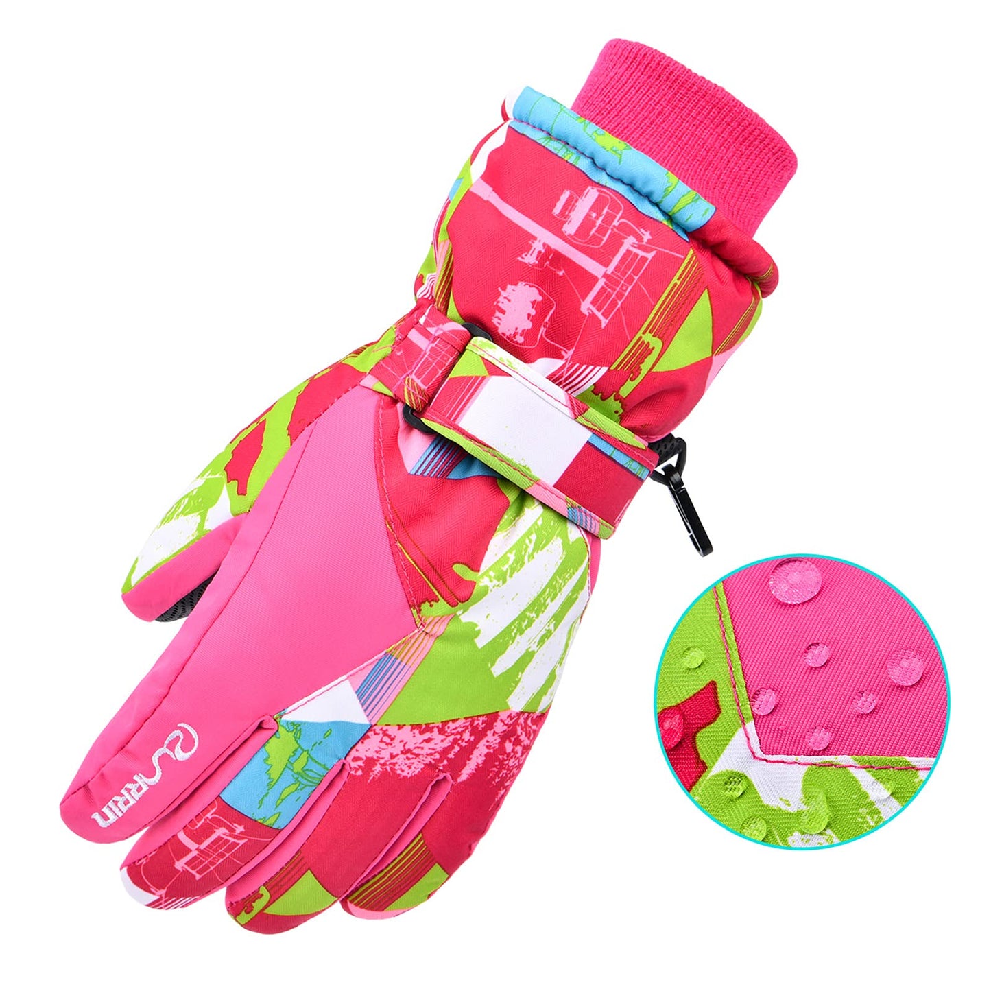 RunRRIn Ski Gloves, Waterproof Snow Gloves -30℉ Winter Gloves for Cold Weather, Warm Snowboarding Gloves - for Men, Women, Kids, Boys and Girls (Rose Red Green XS)