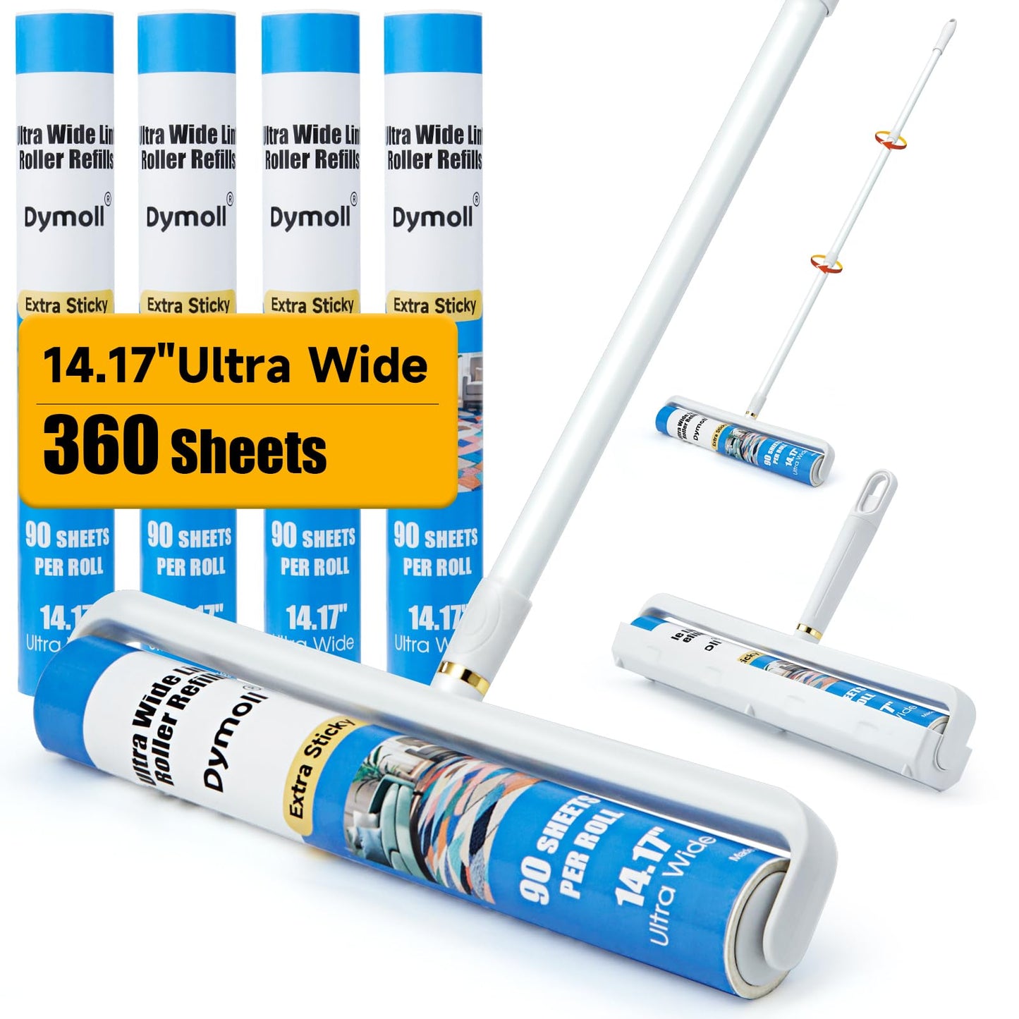 Dymoll 14.17" Large Lint Rollers for Pet Hair Extra Sticky, 360 Sheets Roller with Long Handle for Cleaning Carpets, Clothing, Couch, Furniture Wall Cleaner Mop Dust Remover