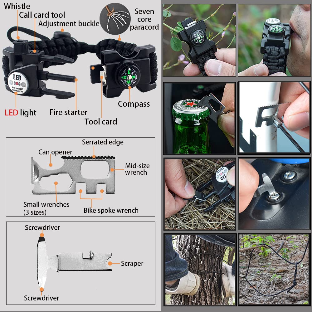 Daarcin Survival Paracord Bracelet,Fire Starter,SOS Light,Compass,Whistle,Adjustable AK87 20 in 1,Stocking Stuffers,Perfect for Kids and Men to Outdoor Hiking Fishing Hunting Camping Gear Set