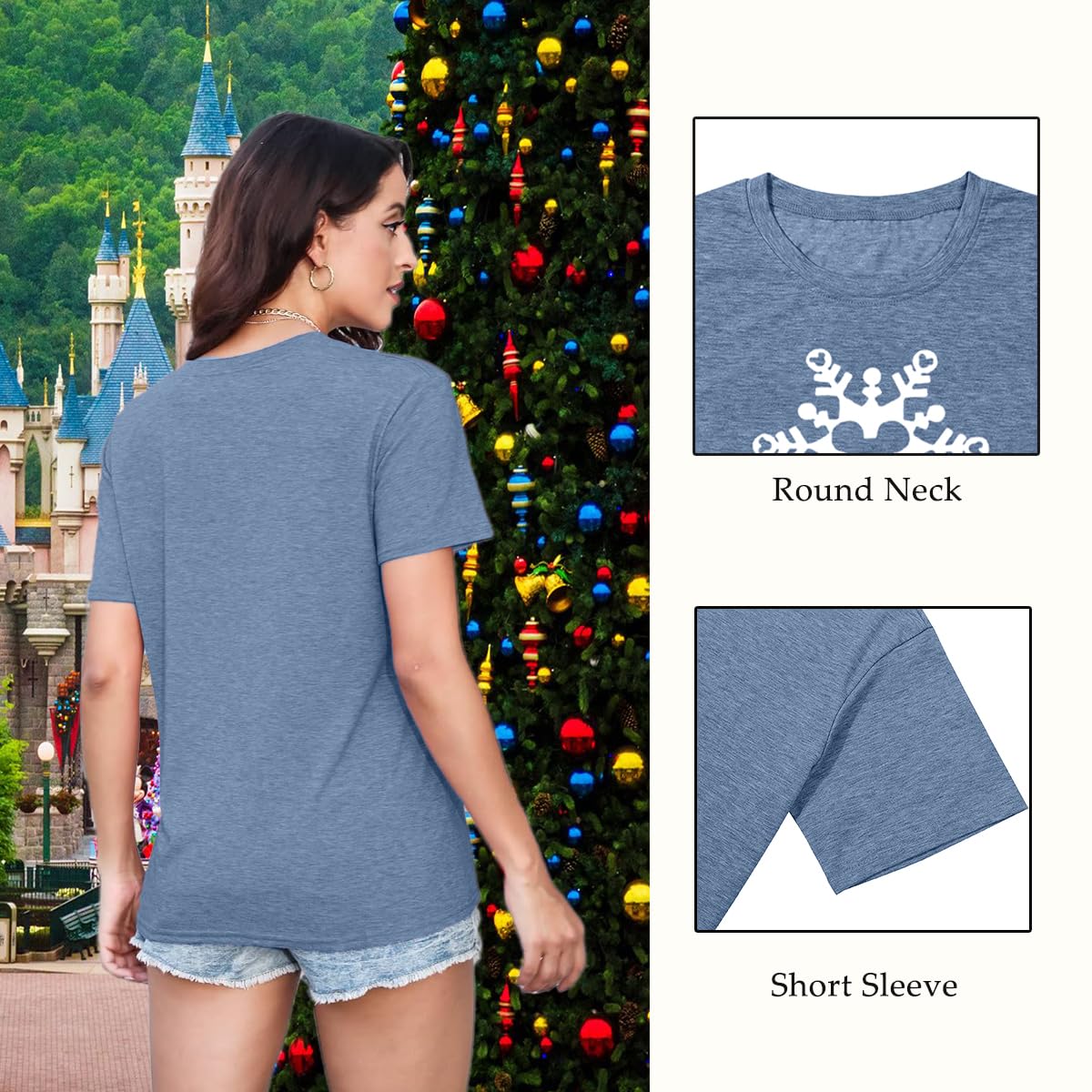 Magic Christmas Shirts for Women Cute Snowflake Graphic Tees Winter Letter Print Short Sleeve Xmas Tops-M (Ink Blue)