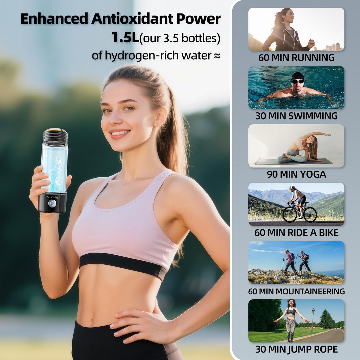 Curety Hydrogen Water Bottle, 3 in 1 Hydrogen Water Bottle Generator, Hydrogen Water Ionizer 2300PPB with SPE/PEM Technology, Hydrogen Water Machine for Home Office Travel Fitness Drinking