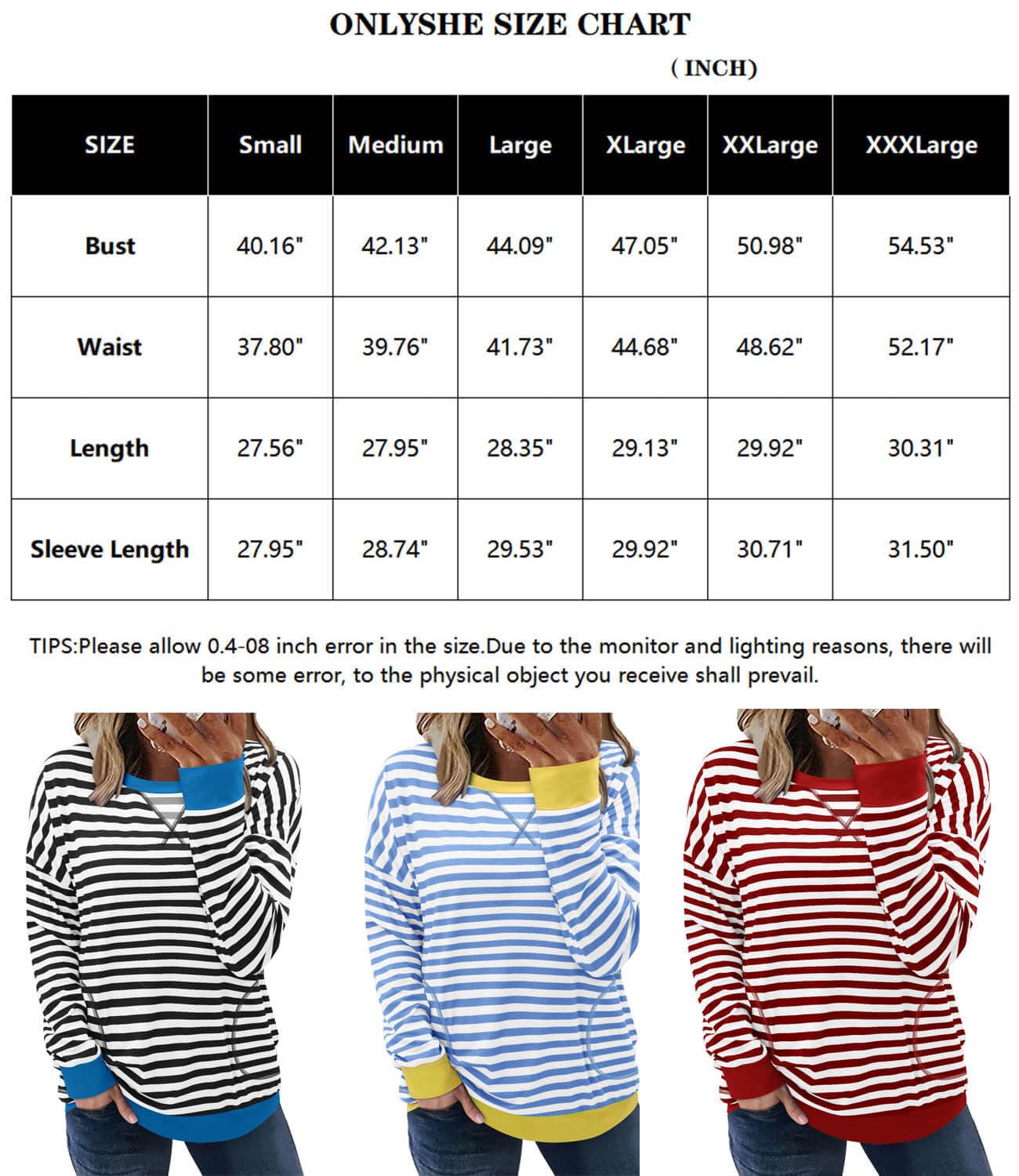 ONLYSHE Women's Long Sleeve Crewneck Shirts Loose T Shirts Striped Tops Casual Fall Spring Winter Pullover,PinkGreen,X-Large
