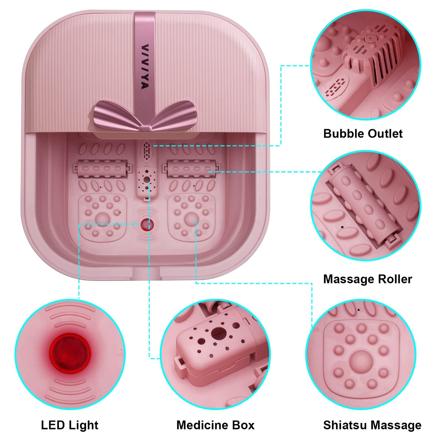 VIVIYA Collapsible Foot Bath Spa with heat and Massage Rollers, Foldable Foot Soak Tub with Bubbles Jets and LED light, Pedicure Foot Spa Massager with Foot Scrubber for Home Use (Pink)