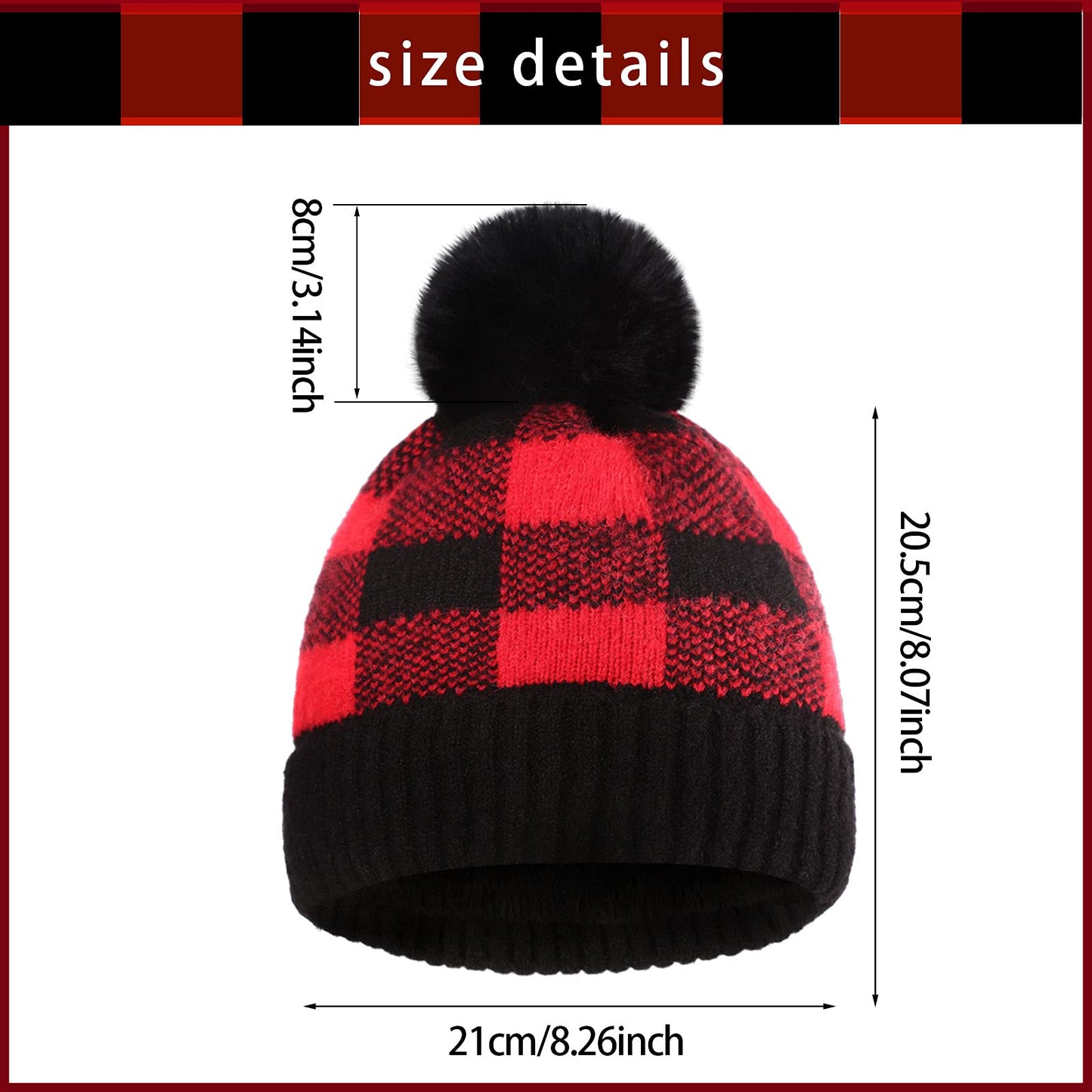 Boyiee 2 Pieces Christmas Red and Black Winter Buffalo Plaid Cuff Beanie Hat Christmas Warm Soft Stretch Pom Pom Hat Thick Chunky Knit Skull Ski Cap for Women Men