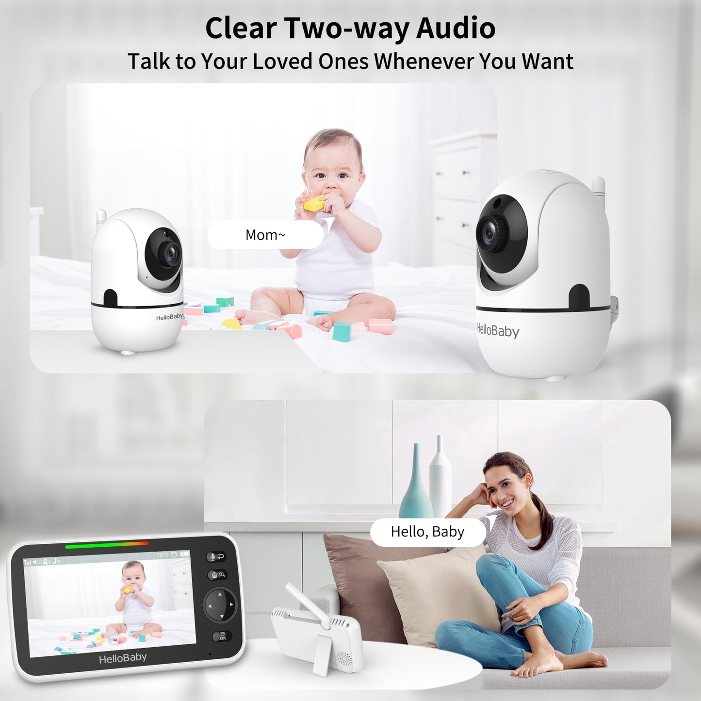 HelloBaby HB6550 5" Baby Monitor 3 Cameras, 30-Hour Battery, Pan-Tilt-Zoom,1000ft Range Video Audio Baby Monitor No WiFi, ECO, Night Vision, 2-Way Talk, 8 Lullabies and Temperature, Ideal Gifts