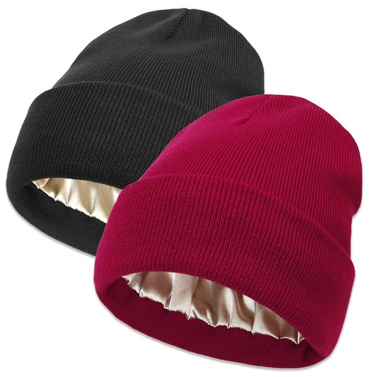 Unisex Satin Lined Winter Beanie for Women Men Silky Lining Slouchy Skull Cap Knitted Cuffed Skiing Knit Hat (Black & Wine Red)
